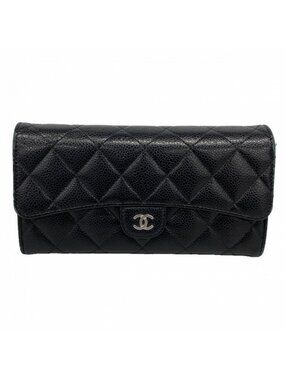 Chanel Wallet Quilted Caviar Leather Black Silver